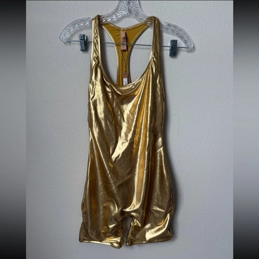 NWT SKIMS Gold Sleeveless One Piece Romper Swimsuit Size Medium - Picture 4 of 4